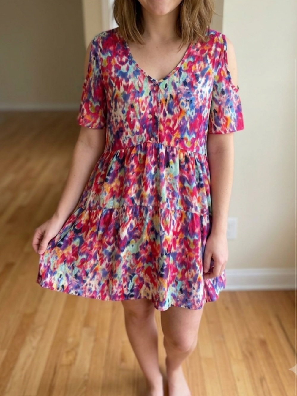 Band of Gypsies Vibrant Multicolor Cold-Shoulder Babydoll Tunic Dress NWOT small